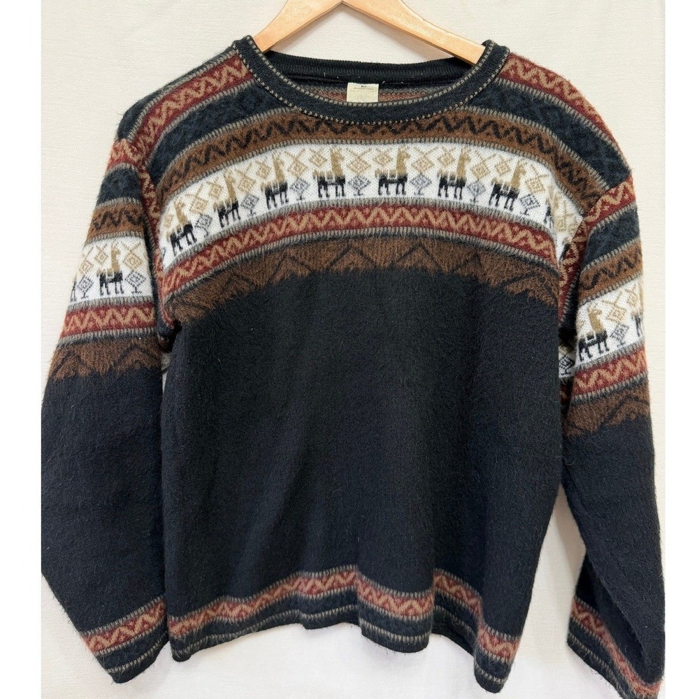 Artesanias Alpaca Blend Fair Isle Llama Crewneck Sweater Charcoal Gray Medium